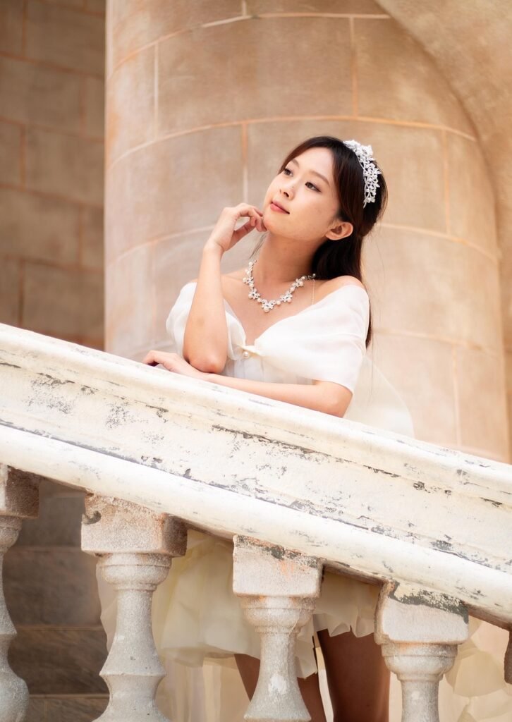 maiden, woman, model, pose, castle, princess, wedding dress, stairs, beautiful