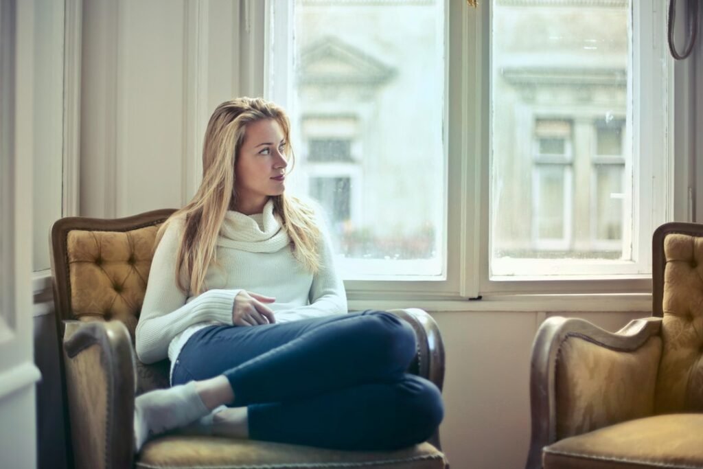 Calm thoughtful woman at home, representing Abigail in the Bible, wisdom and discernment